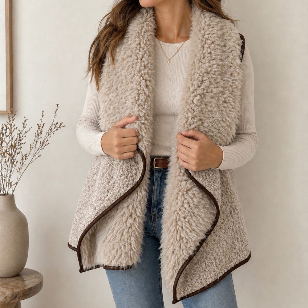 Jules & James Beige Sherpa Faux Fur Vest Brown Leather Trim Open Front Small
